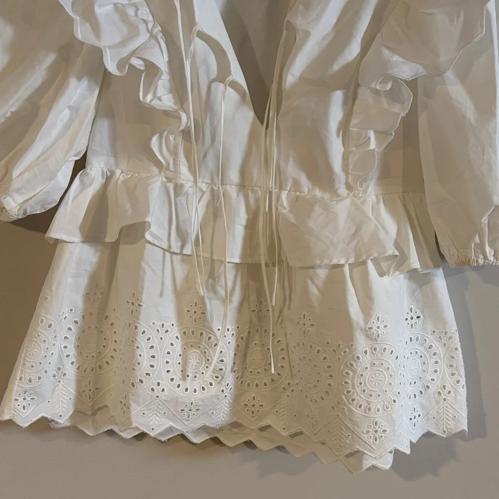 Moon River Puff Sleeve Eyelet Top with Front Ties - Picture 5 of 8